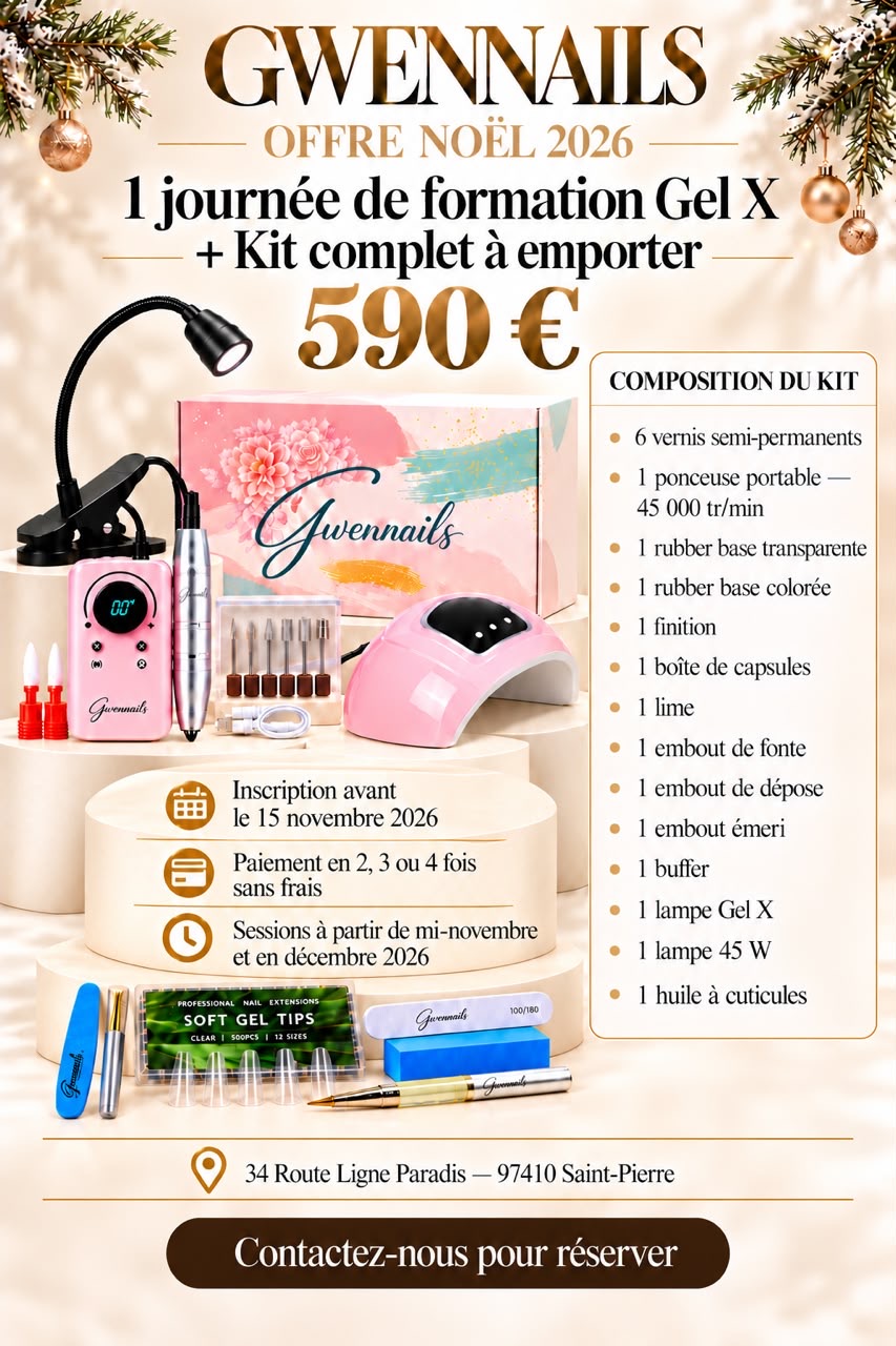 Affiche de l’offre Noël 2026 : une journée de formation Gel X et un kit complet à emporter, 590 euros. Les 14 éléments du kit sont listés sur l’affiche.
